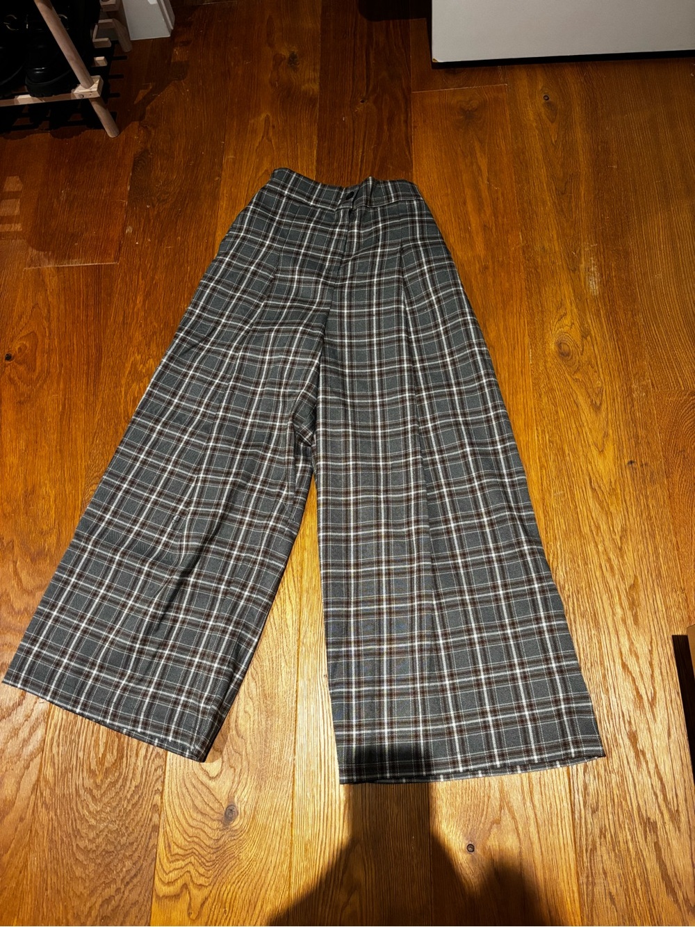 Gray Plaid Wide-Leg Pants